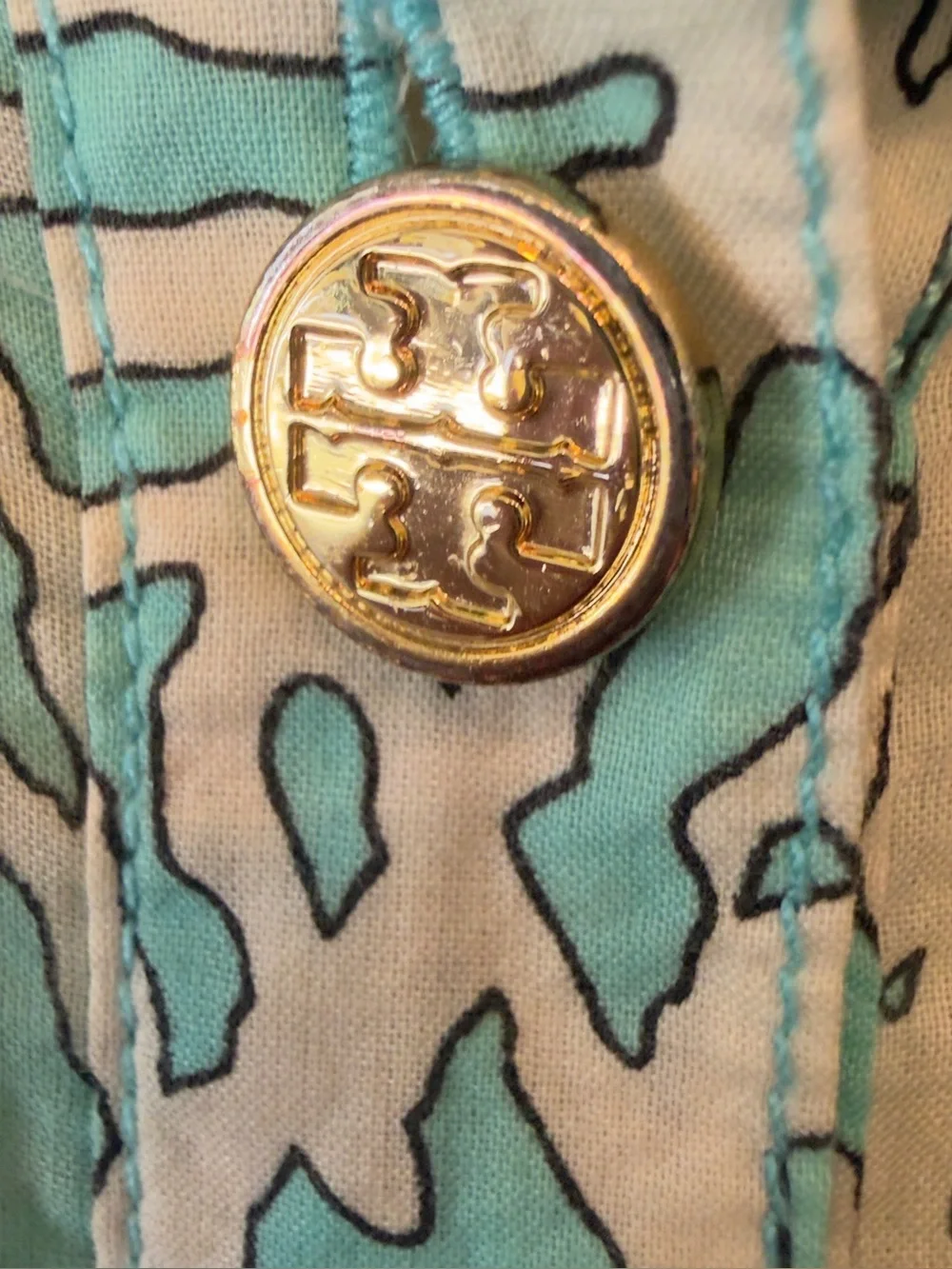 Tory Burch Aqua and White Coral-Print Button Down Utility Shirt Size 2